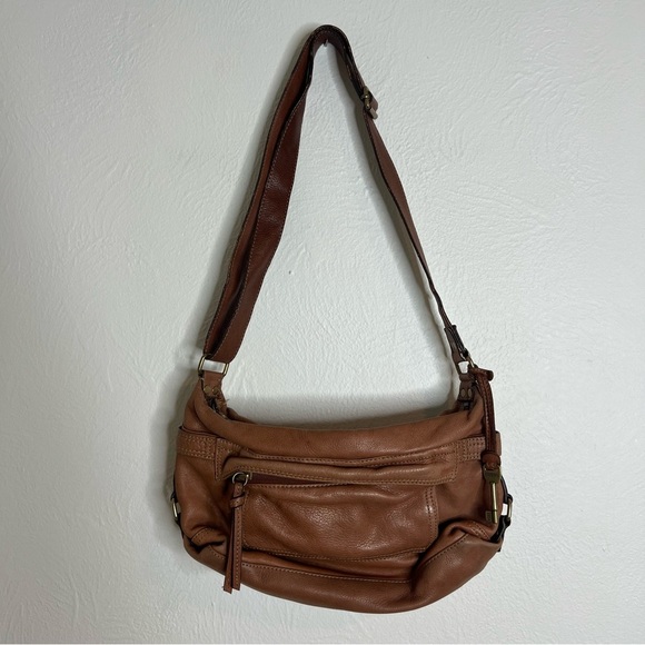 Vintage Y2K Fossil Brown Pebbled Leather Crossbody Shoulder Bag Adjustable Strap - Picture 2 of 8